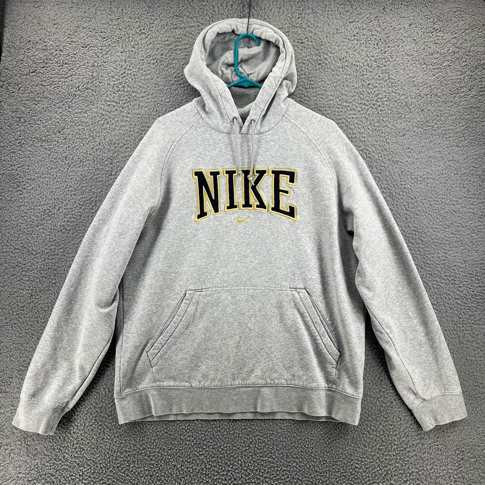 VTG 90s Nike Spellout Hoodie Grey Navy Blue Yellow XL Embroidered Swoosh READ